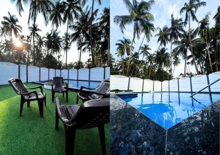 Vandana Villa, Alibag: Lawn chairs beside the pool, and the pool corner