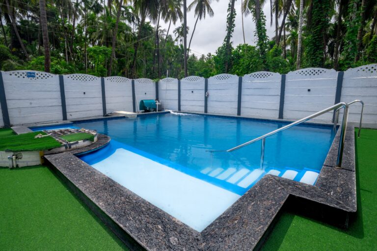Vandana Villa, Alibag: Pool steps and the shallow ledge, with the granite edge